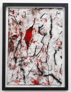 Senza titolo, 2010, ossido di ferro , sabbia di vulcano, rosso di cadmio su carta, 70x50 cm